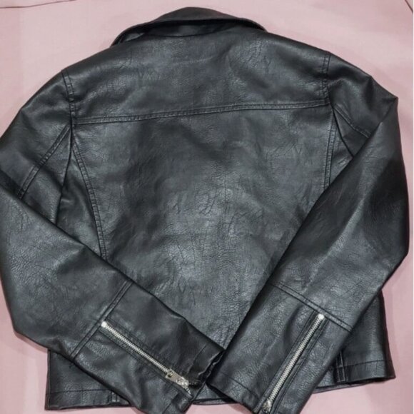 Anna Cai New York Short Black Faux Leather Jacket Zipper Pockets & Sleeves SZ S - Picture 3 of 5